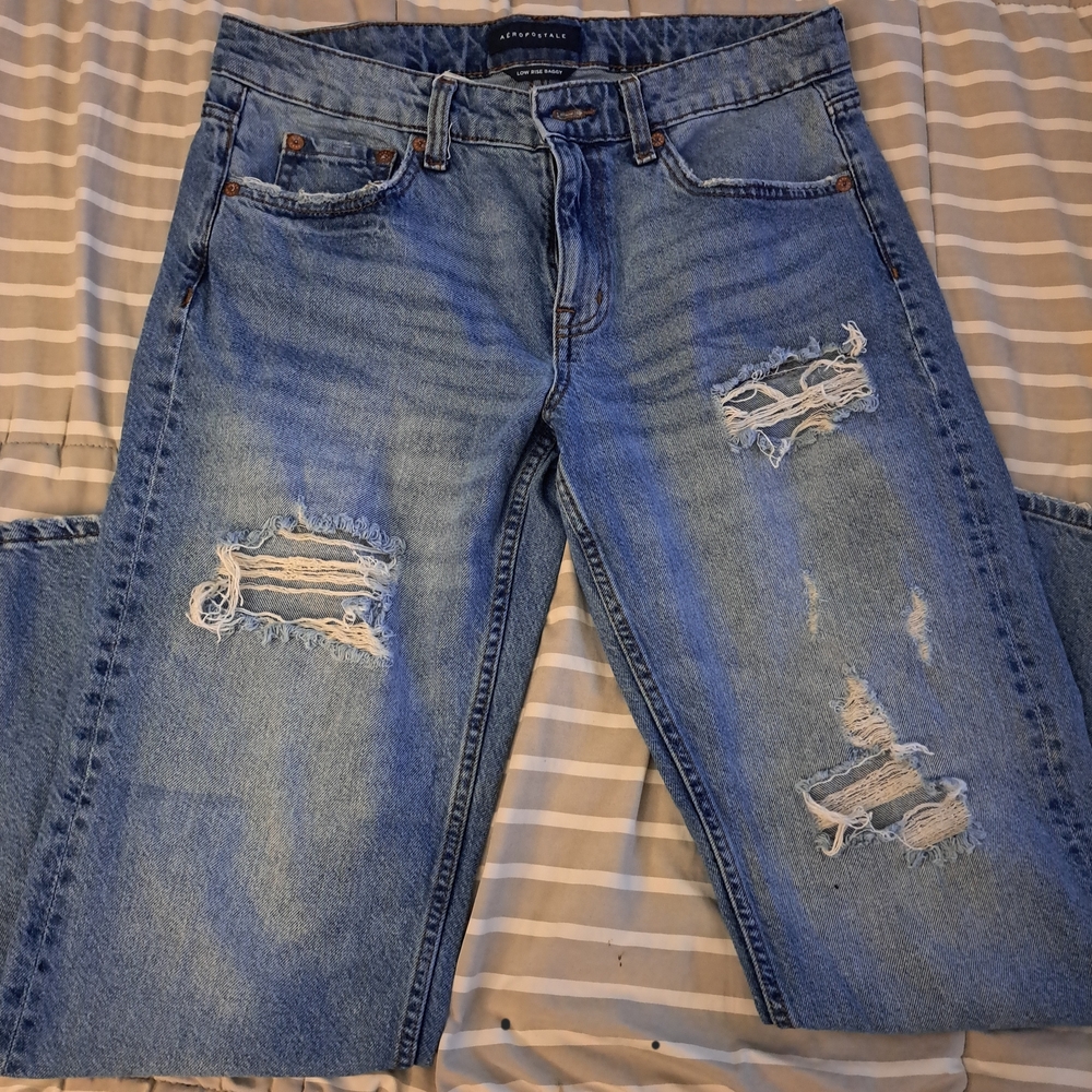 Aeropostale Medium Blue Distressed Wide Leg Low Rise Jeans